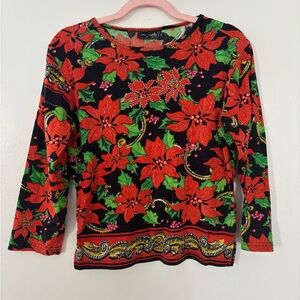 Vintage Jane Ashley Christmas Poinsetta 3/4 Sleeve Shirt Petite Medium